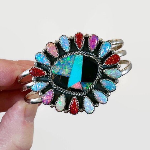 Opal Bracelet Vintage Sterling Silver Cuff Turquoise Onyx Inlay Southwestern - Picture 2 of 6